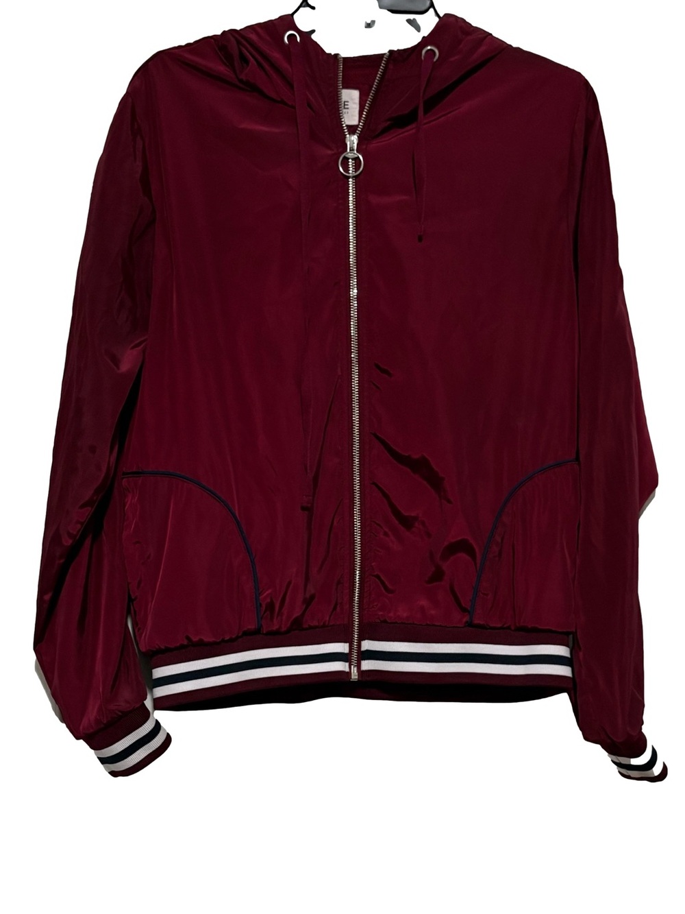 mine Burgundy Hooded Lightweight Zip Bomber Jacket with Striped Trim